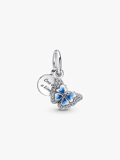 Blauwe Vlinder & Citaat Dubbele Hangende Bedel