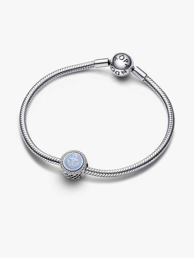 Anchor sterling silver charm with clear cubic zirconia and blue enamel