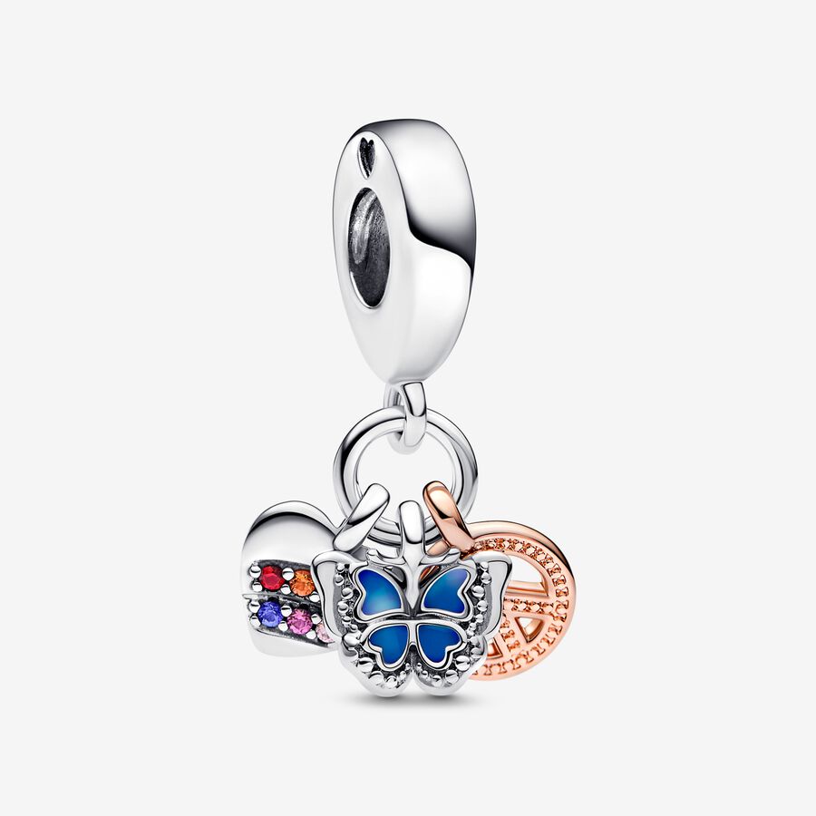 Tweekleurige regenboog hart, vlinder en vredesteken driedubbele hangende bedel image number 0
