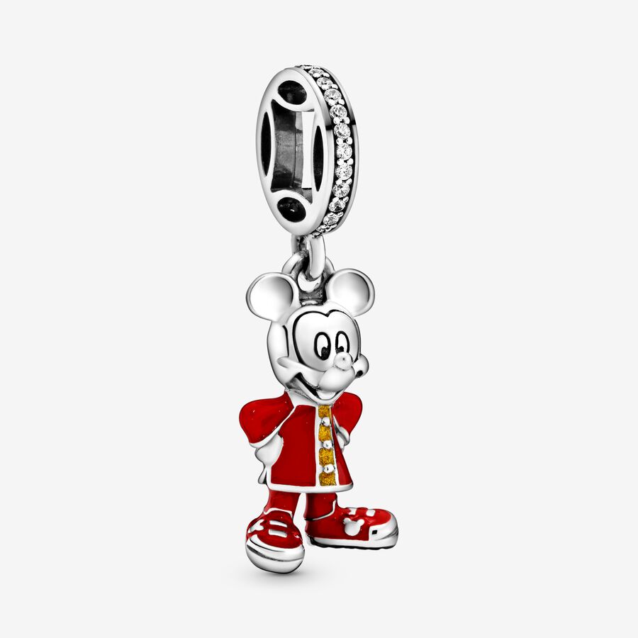 Disney Mickey sterling silver dangle with clear cubic zirconia, red and shimmering golden enamel image number 0