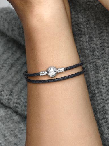 Pandora Moments Dubbel Geweven Zwart Leren Armband