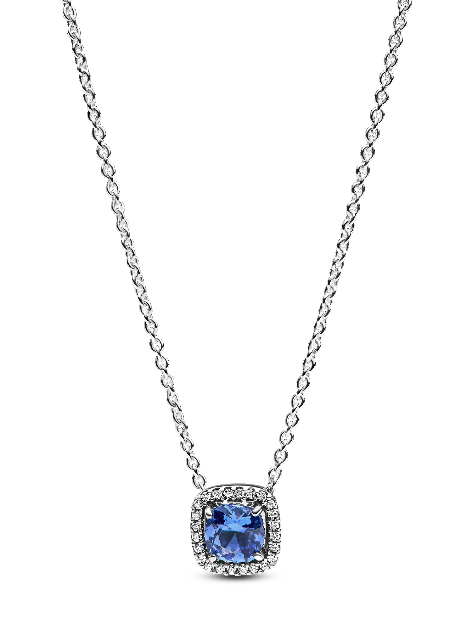Sprankelende ketting met hanger met vierkante blauwe halo