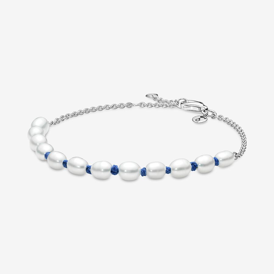 Treated Freshwater Cultured Pearl Blue Cord Chain Bracelet image number 0