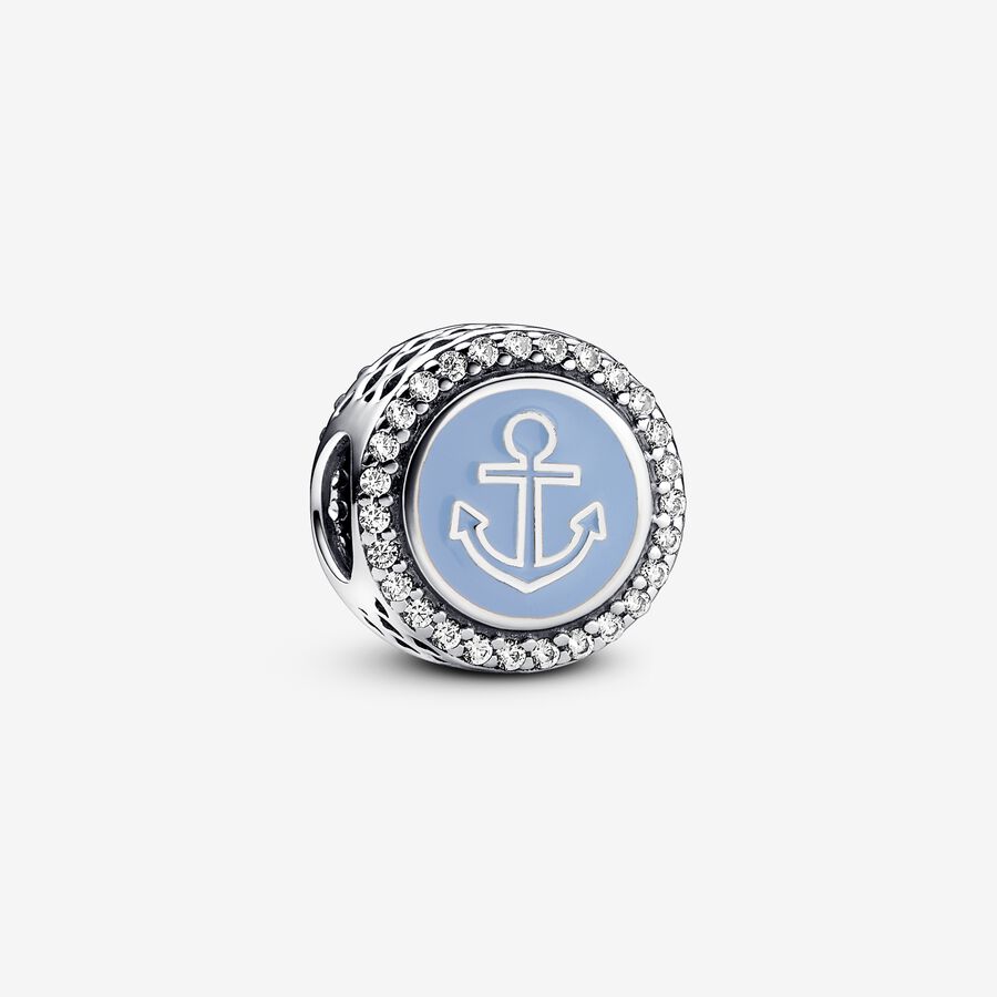 Anchor sterling silver charm with clear cubic zirconia and blue enamel image number 0