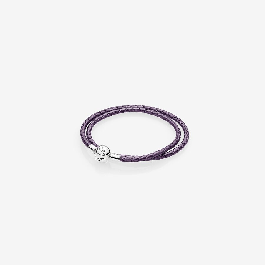 Silver leather bracelet, double, purple image number 0