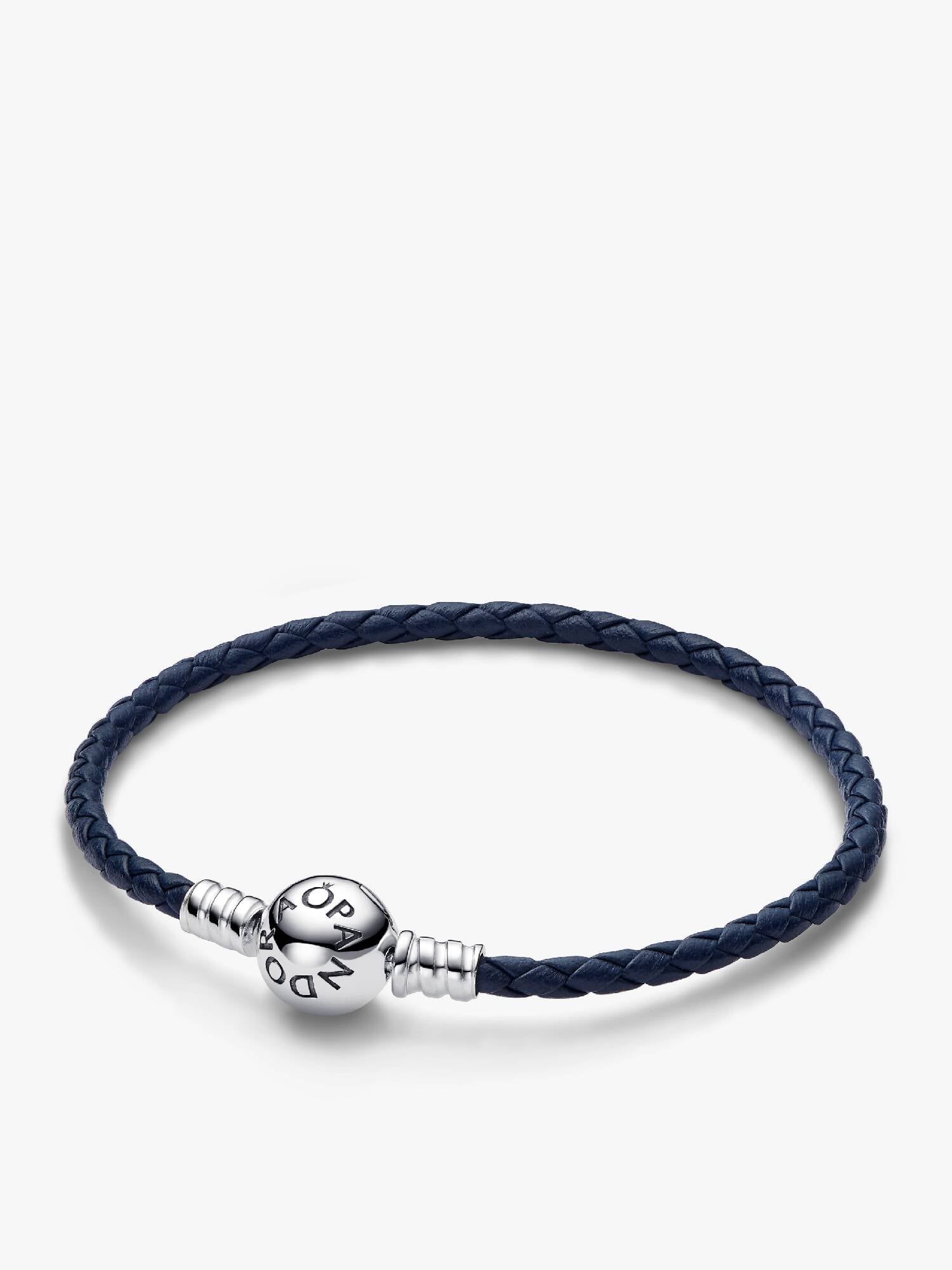 Pandora Moments Blauwe Gevlochten Leren Armband met Ronde Sluiting