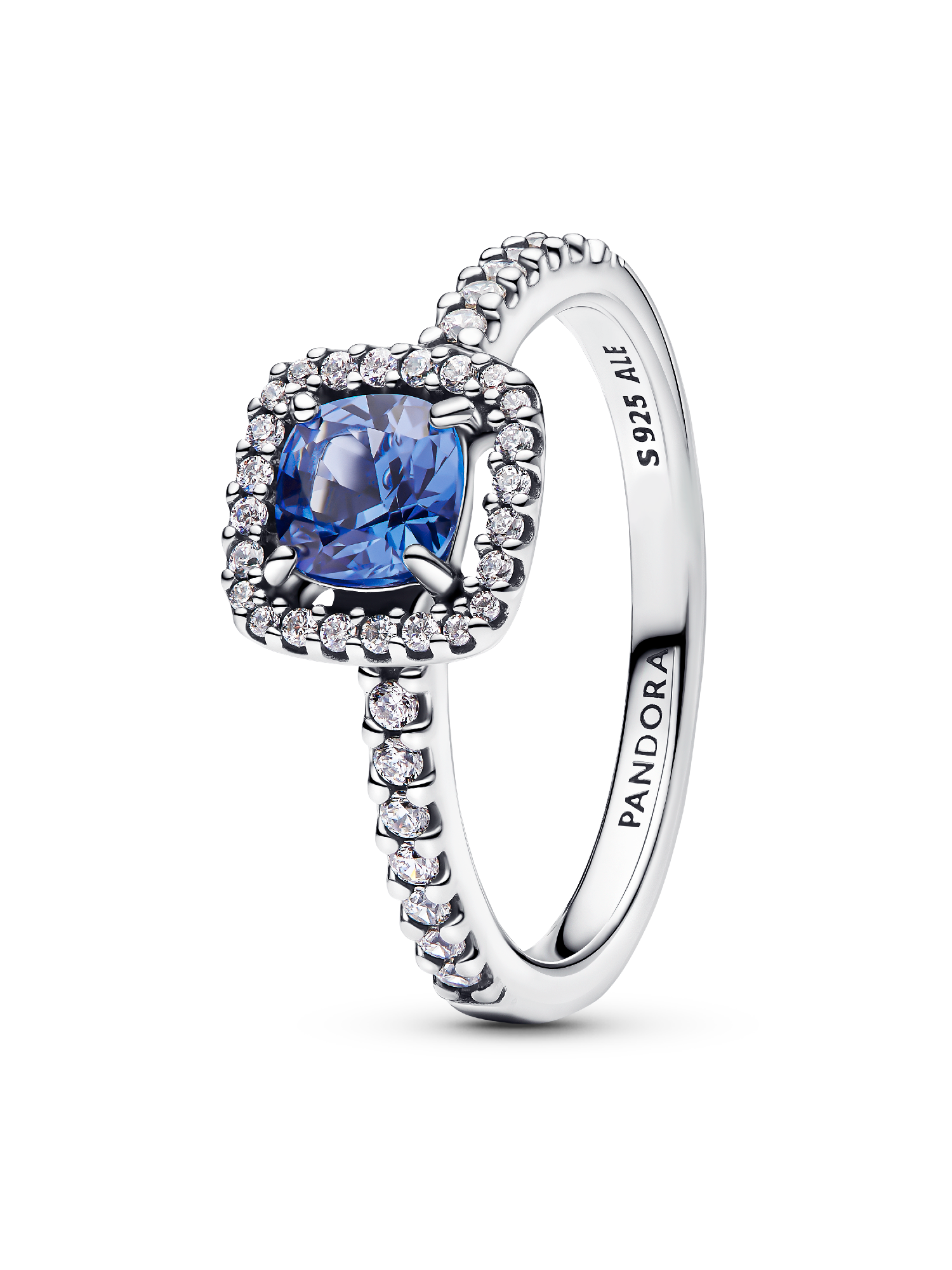 Sprankelende ring met vierkante blauwe halo