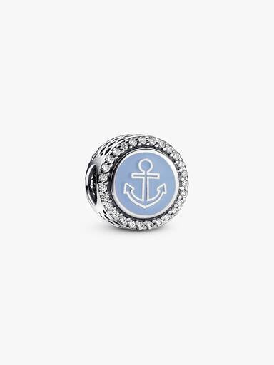 Anchor sterling silver charm with clear cubic zirconia and blue enamel