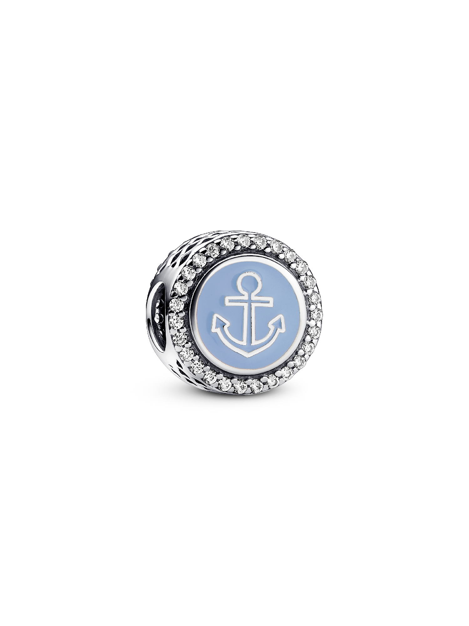 Anchor sterling silver charm with clear cubic zirconia and blue enamel