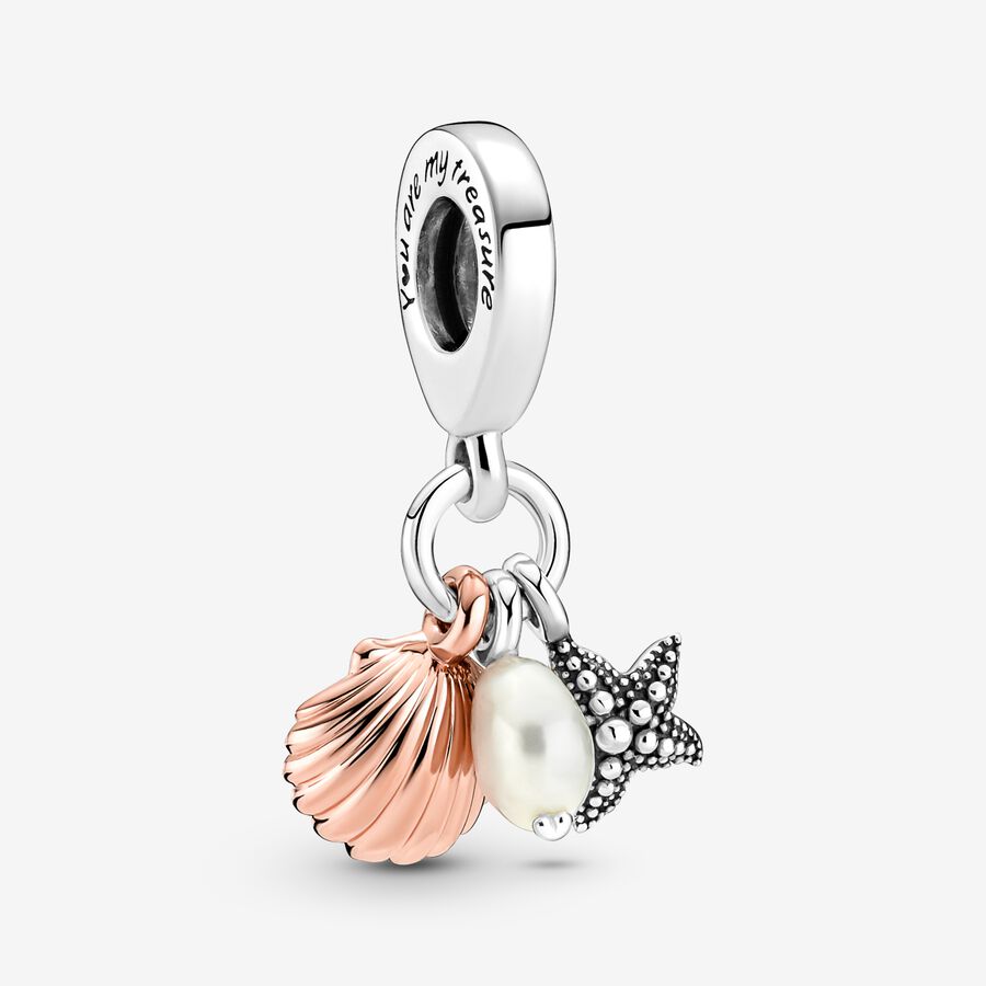 Treated Freshwater Cultured Pearl, Starfish & Shell Triple hangende bedel image number 0