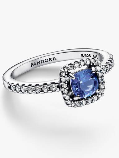 Sprankelende ring met vierkante blauwe halo