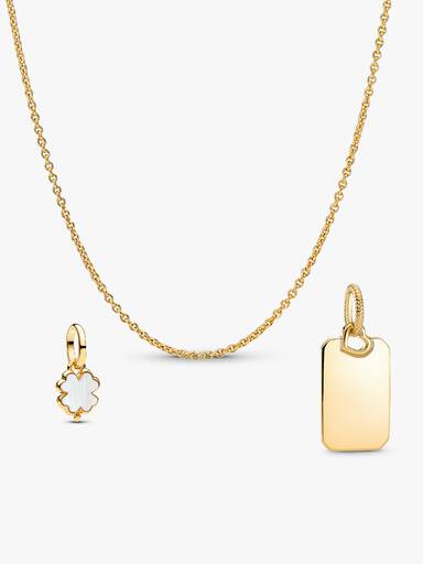 Geluksmoment sieradenset ketting met graveerbare hanger & klavertjevier‑bedel